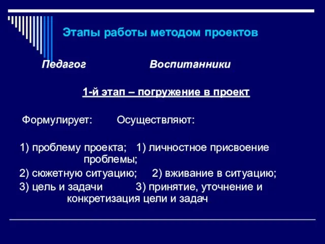 Этапы работы методом проектов Педагог Воспитанники 1-й этап – погружение в проект