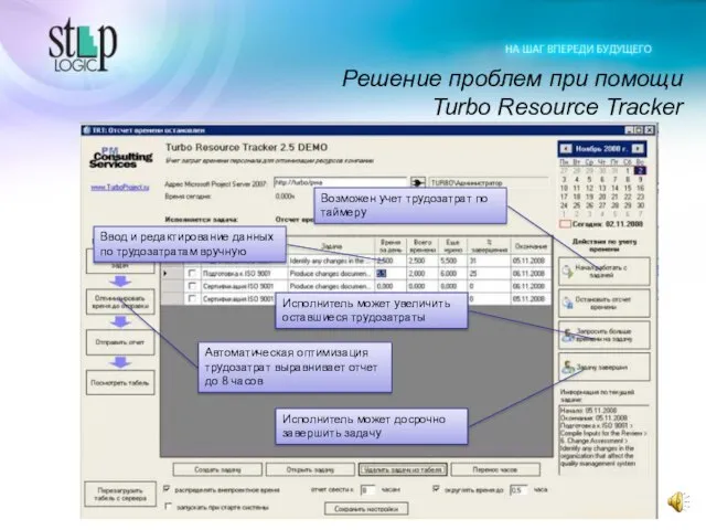 Решение проблем при помощи Turbo Resource Tracker Возможен учет трудозатрат по таймеру