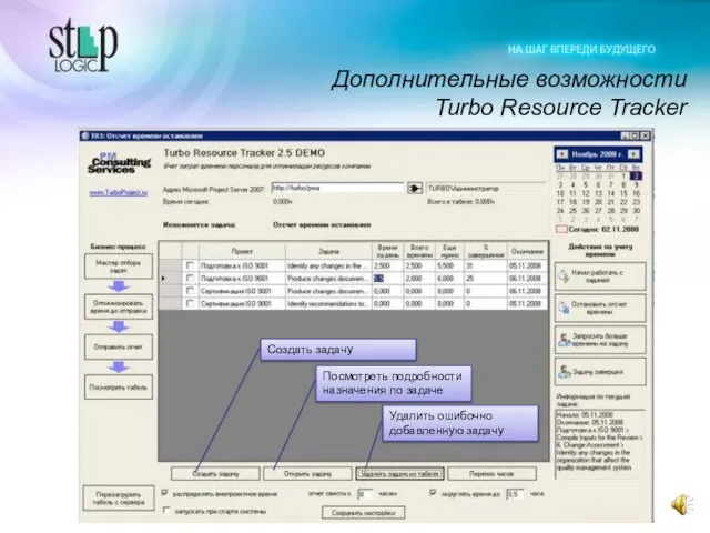 Дополнительные возможности Turbo Resource Tracker Создать задачу Посмотреть подробности назначения по задаче Удалить ошибочно добавленную задачу