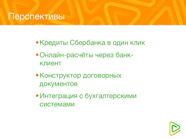 Перспективы Кредиты Сбербанка в один клик Онлайн-расчёты через банк-клиент Конструктор договорных документов Интеграция с бухгалтерскими системами