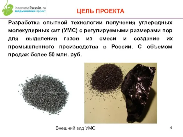 ЦЕЛЬ ПРОЕКТА Разработка опытной технологии получения углеродных молекулярных сит (УМС) с регулируемыми