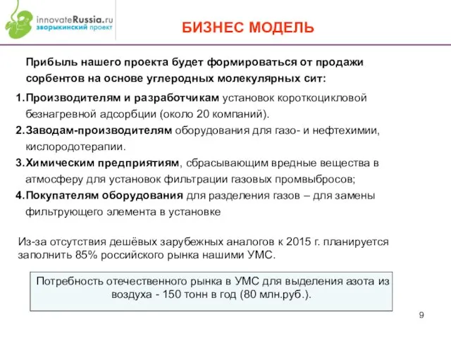 БИЗНЕС МОДЕЛЬ Прибыль нашего проекта будет формироваться от продажи сорбентов на основе