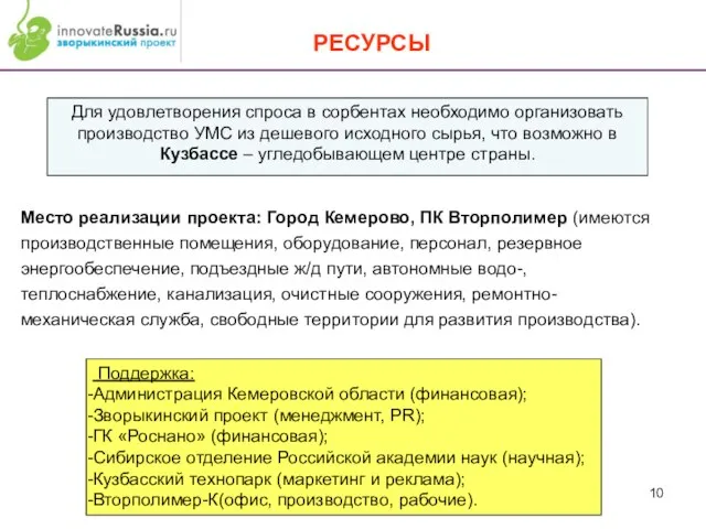 РЕСУРСЫ Для удовлетворения спроса в сорбентах необходимо организовать производство УМС из дешевого