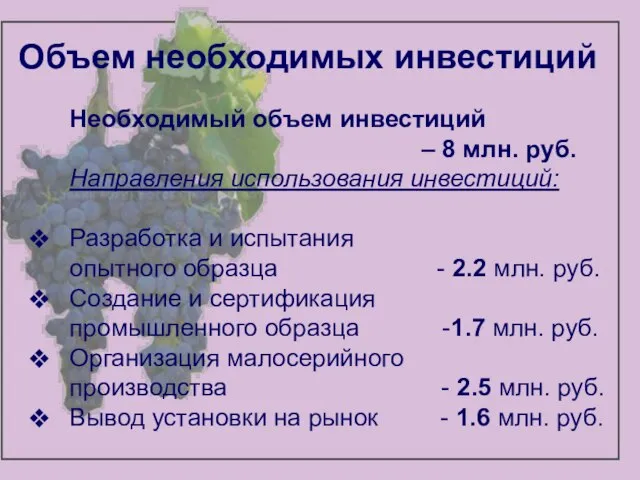 Объем необходимых инвестиций Необходимый объем инвестиций – 8 млн. руб. Направления использования