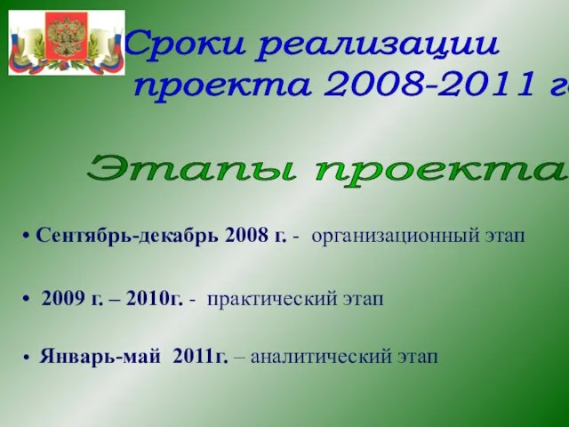 Этапы проекта Сентябрь-декабрь 2008 г. - организационный этап Сроки реализации проекта 2008-2011