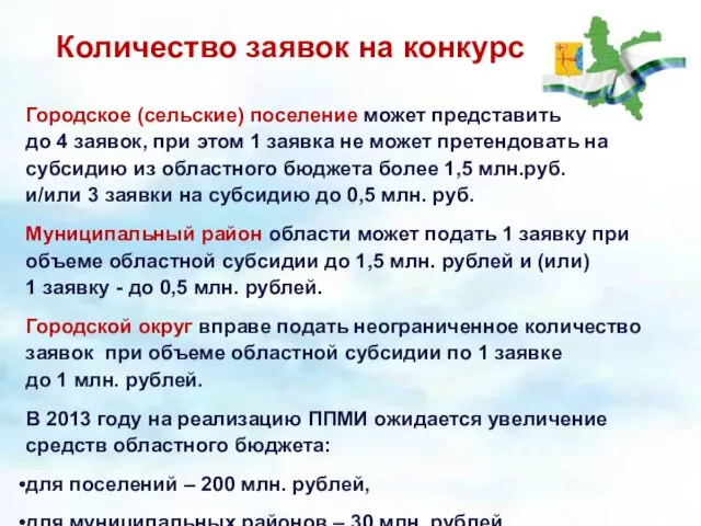 Количество заявок на конкурс Городское (сельские) поселение может представить до 4 заявок,