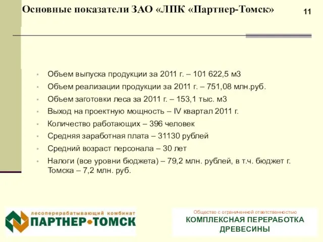 Основные показатели ЗАО «ЛПК «Партнер-Томск» Запуск производства – 16 декабря 2010г. Объем