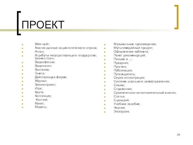 ПРОЕКТ Web-сайт; Анализ данных социологического опроса; Атлас; Атрибуты несуществующего государства; Бизнес-план; Видеофильм;