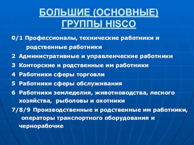 БОЛЬШИЕ (ОСНОВНЫЕ) ГРУППЫ HISCO 0/1 Профессионалы, технические работники и родственные работники 2