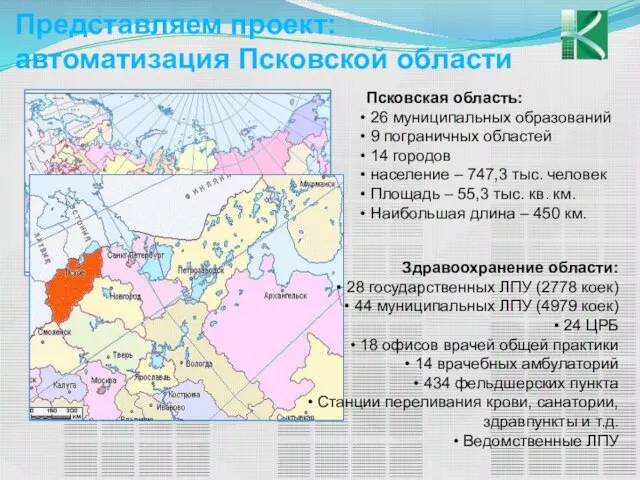 Представляем проект: автоматизация Псковской области Псковская область: 26 муниципальных образований 9 пограничных