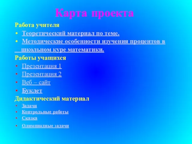 Карта проекта Работа учителя Теоретический материал по теме. Методические особенности изучения процентов