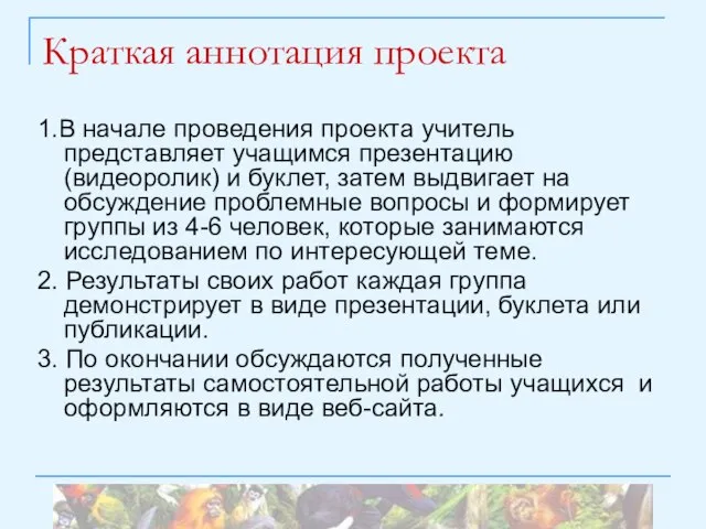 Краткая аннотация проекта 1.В начале проведения проекта учитель представляет учащимся презентацию (видеоролик)