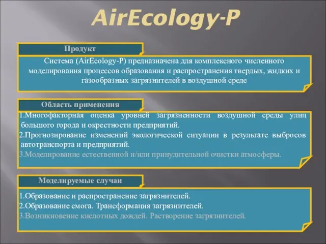 AirEcology-P Система (AirEcology-P) предназначена для комплексного численного моделирования процессов образования и распространения