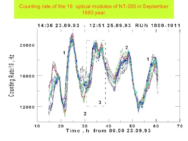 Counting rate of the 19 optical modules of NT-200 in September 1993 year.
