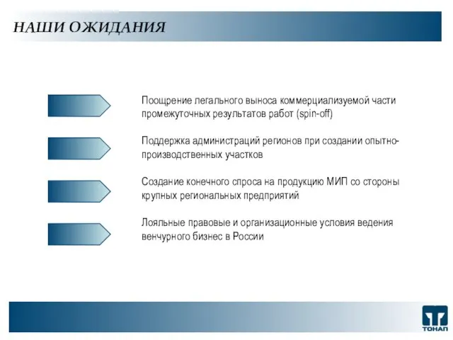 ООО "ТОНАП", 2007 г. НАШИ ОЖИДАНИЯ Поощрение легального выноса коммерциализуемой части промежуточных