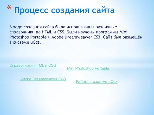 Процесс создания сайта В ходе создания сайта были использованы различные справочники по