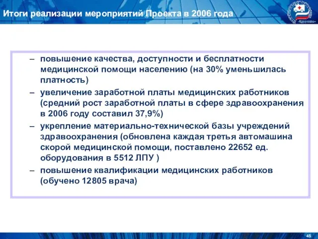 Итоги реализации мероприятий Проекта в 2006 года повышение качества, доступности и бесплатности