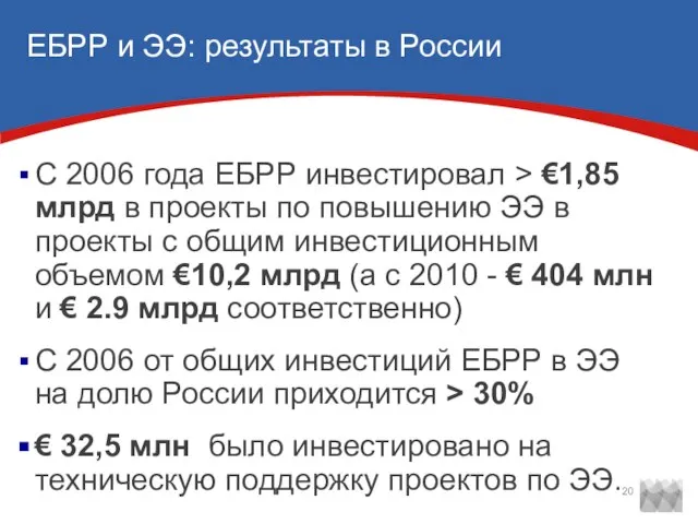 ЕБРР и ЭЭ: результаты в России С 2006 года ЕБРР инвестировал >