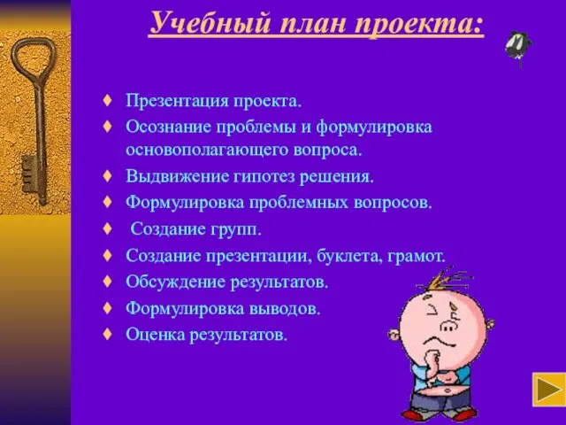 Учебный план проекта: Презентация проекта. Осознание проблемы и формулировка основополагающего вопроса. Выдвижение