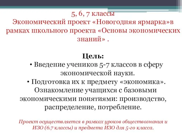 5, 6, 7 классы Экономический проект «Новогодняя ярмарка»в рамках школьного проекта «Основы