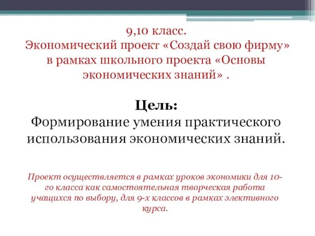 9,10 класс. Экономический проект «Создай свою фирму» в рамках школьного проекта «Основы