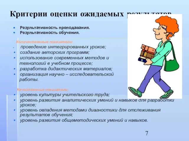 Критерии оценки ожидаемых результатов Результативность преподавания. Результативность обучения. Количественные показатели: проведение интегрированных