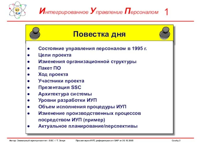 Повестка дня Состояние управления персоналом в 1995 г. Цели проекта Изменения организационной