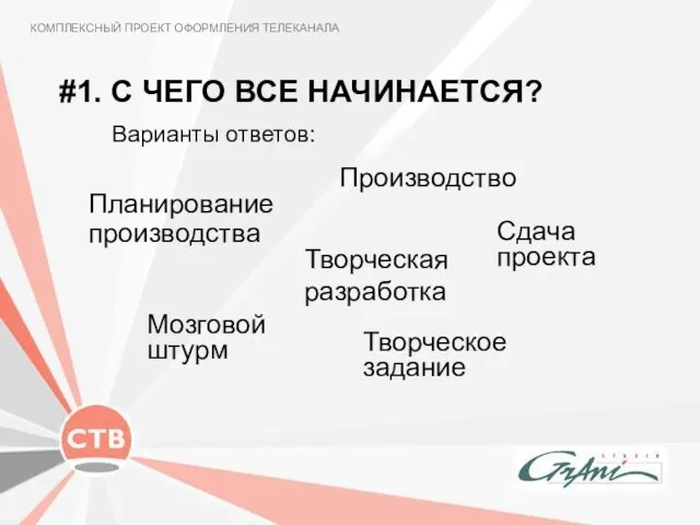 #1. С ЧЕГО ВСЕ НАЧИНАЕТСЯ? КОМПЛЕКСНЫЙ ПРОЕКТ ОФОРМЛЕНИЯ ТЕЛЕКАНАЛА Варианты ответов: Творческое