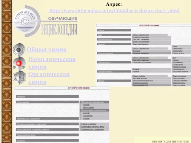 ПРЕЗЕНТАЦИЯ БИБЛИОТЕКИ Адрес: http://www.informika.ru/text/database/chemy/start_.html