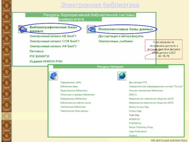 ПРЕЗЕНТАЦИЯ БИБЛИОТЕКИ С вопросами по получению доступа к полным текстам ресурса обращаться в ДО 30-18-76