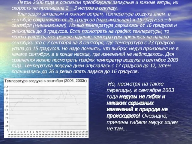 Летом 2006 года в основном преобладали западные и южные ветры, их скорость