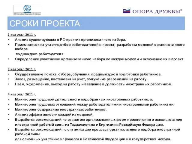 СРОКИ ПРОЕКТА 2 квартал 2011 г. Анализ существующих в РФ практик организованного