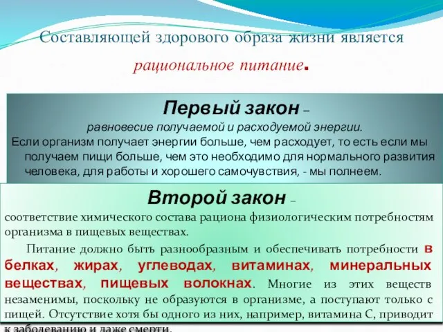 Составляющей здорового образа жизни является рациональное питание. Первый закон – равновесие получаемой