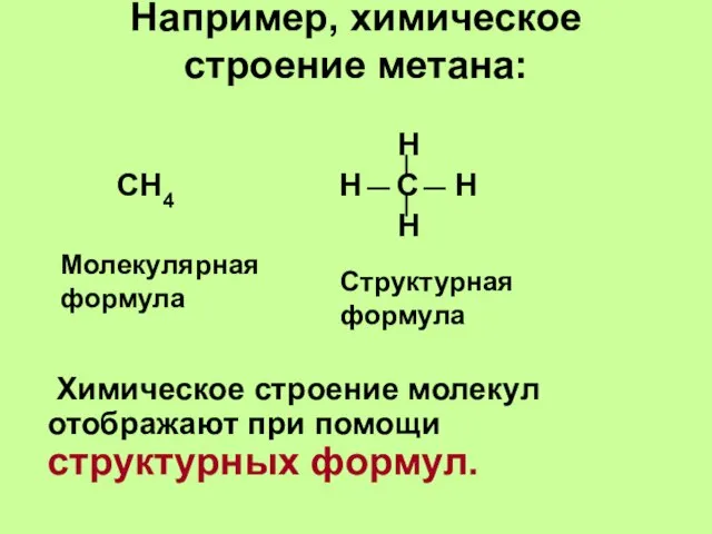 Например, химическое строение метана: Н СН4 Н С Н Н Химическое строение