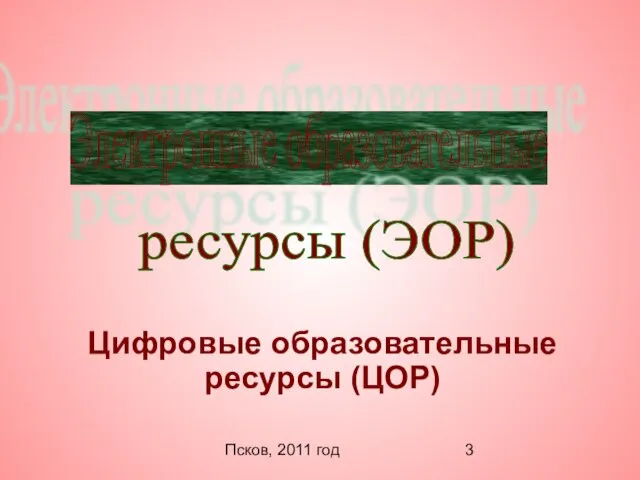 Псков, 2011 год Цифровые образовательные ресурсы (ЦОР) Электронные образовательные ресурсы (ЭОР)