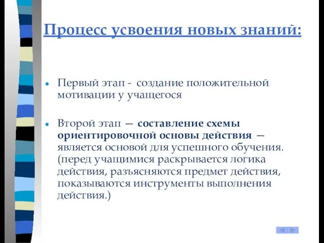 Процесс усвоения новых знаний: Первый этап - создание положительной мотивации у учащегося