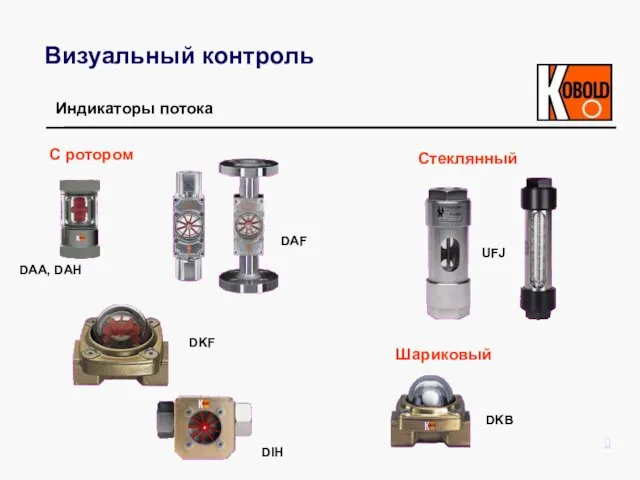 Индикаторы потока С ротором DIH DKB Стеклянный DAF DKF UFJ DAA, DAH Шариковый ? Визуальный контроль