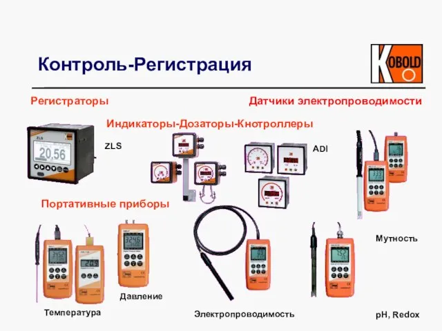 Контроль-Регистрация Регистраторы ZLS Индикаторы-Дозаторы-Кнотроллеры ADI Портативные приборы Давление Температура Мутность pH, Redox Электропроводимость Датчики электропроводимости