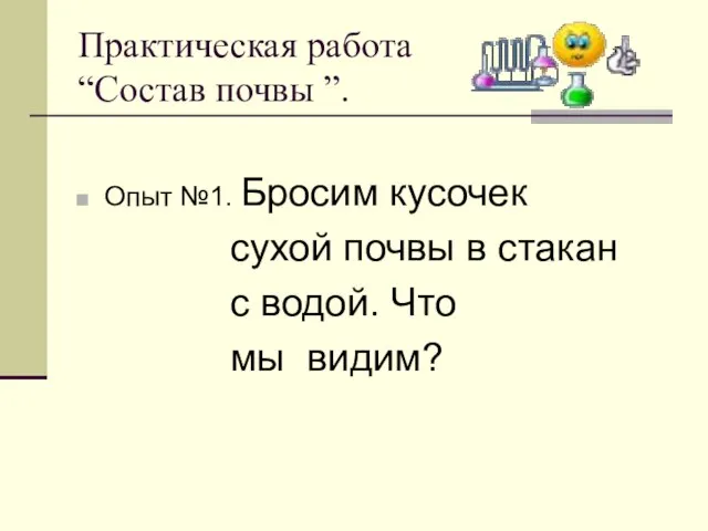 Практическая работа “Состав почвы ”. Опыт №1. Бросим кусочек сухой почвы в