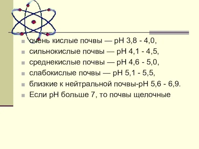 очень кислые почвы — рН 3,8 - 4,0, сильнокислые почвы — рН