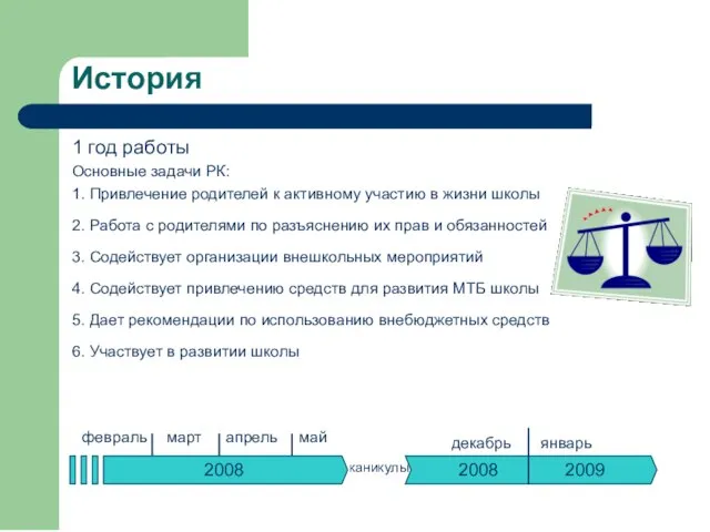 История 1 год работы Основные задачи РК: 1. Привлечение родителей к активному