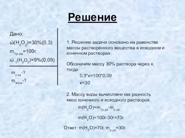 Решение Дано: ώ(H2O2)=30%(0,3) m1р-ра=100г ώ 1(H2O2)=9%(0,09) mр-ра-? mводы-? 1. Решение задачи основано