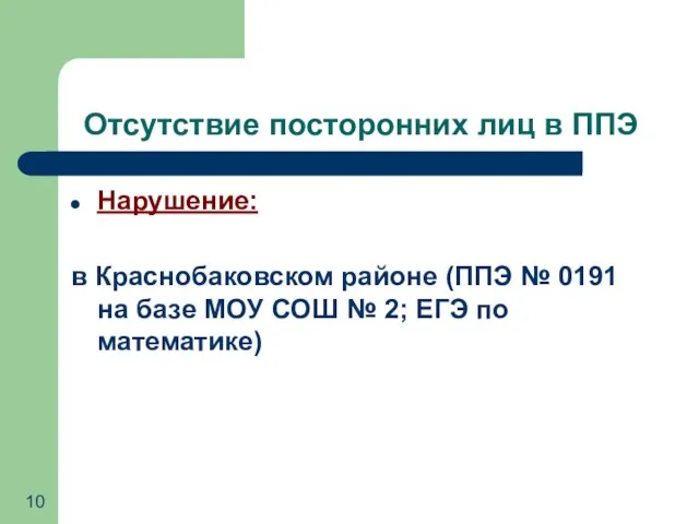 Отсутствие посторонних лиц в ППЭ Нарушение: в Краснобаковском районе (ППЭ № 0191