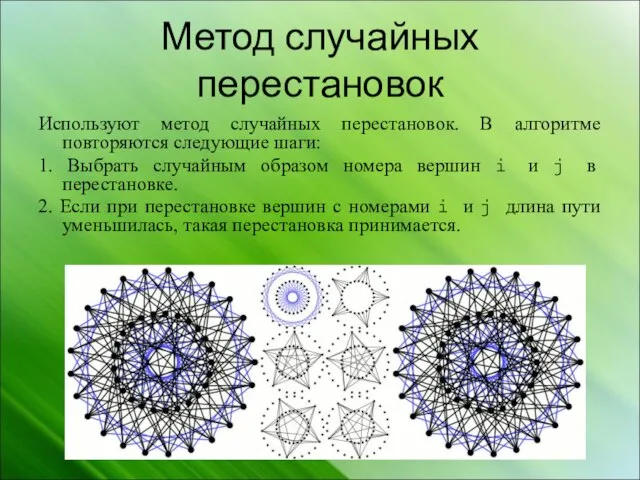 Метод случайных перестановок Используют метод случайных перестановок. В алгоритме повторяются следующие шаги: