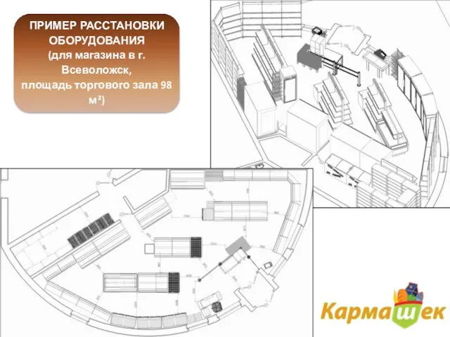 ПРИМЕР РАССТАНОВКИ ОБОРУДОВАНИЯ (для магазина в г.Всеволожск, площадь торгового зала 98 м²)