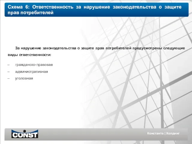 Константа | Холдинг За нарушение законодательства о защите прав потребителей предусмотрены следующие