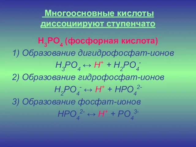 Многоосновные кислоты диссоциируют ступенчато H3PO4 (фосфорная кислота) 1) Образование дигидрофосфат-ионов H3PO4 ↔