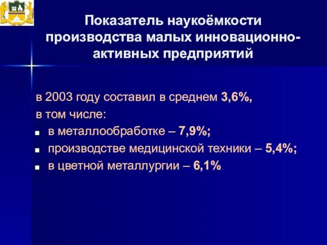 Показатель наукоёмкости производства малых инновационно-активных предприятий в 2003 году составил в среднем