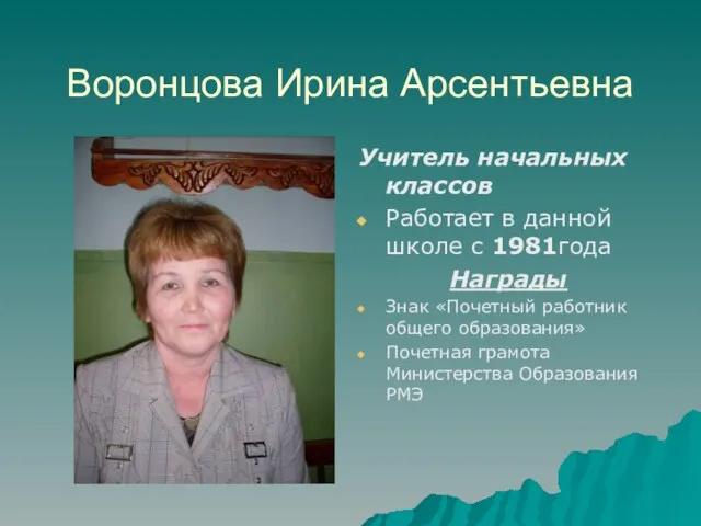 Воронцова Ирина Арсентьевна Учитель начальных классов Работает в данной школе с 1981года