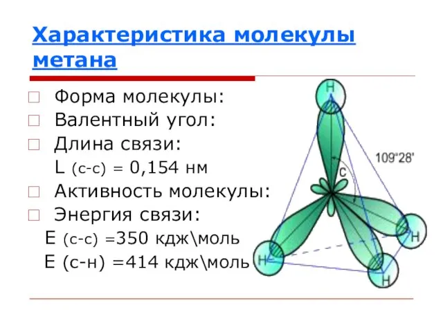 Характеристика молекулы метана Форма молекулы: Валентный угол: Длина связи: L (c-c) =